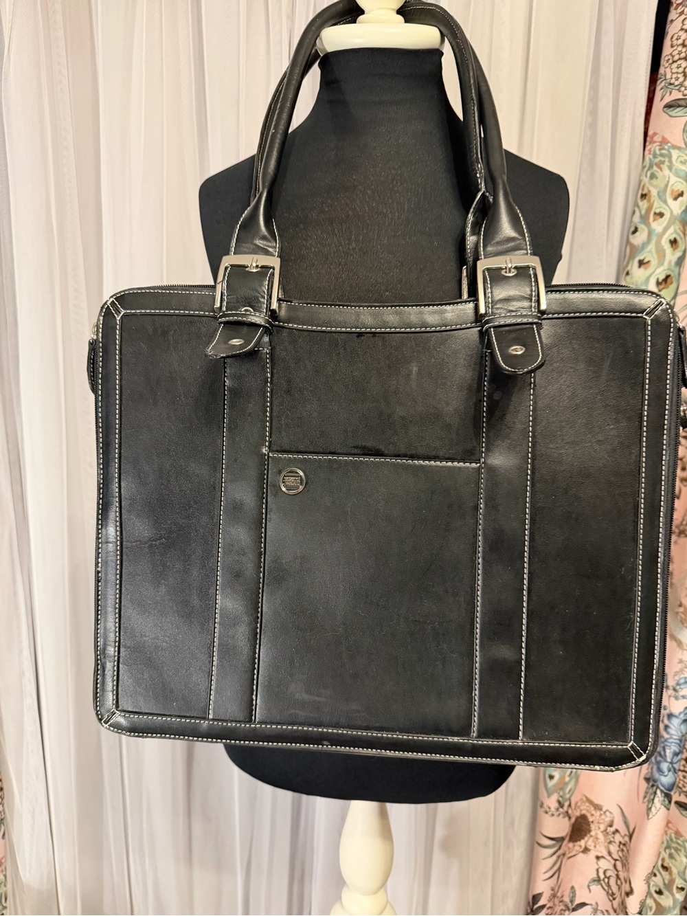 Around the Block Black Genuine Leather Business Briefcase Work Tote EUC